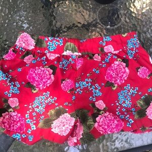 floral red silk shorts